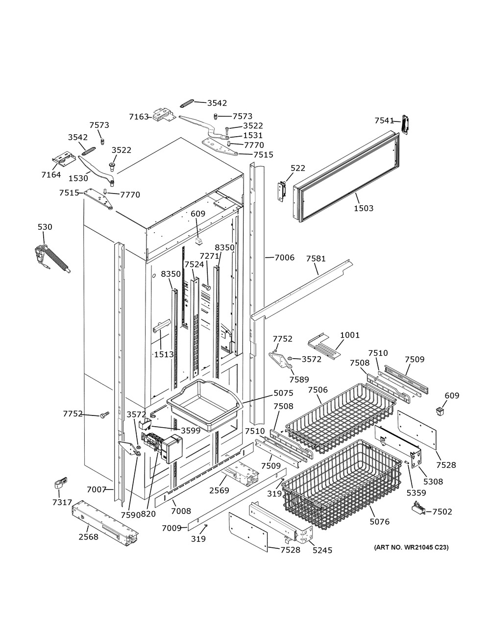 Freezer Section, Trim And Components Diagram and Parts List for ZIP360NNG  General Electric Refrigerator