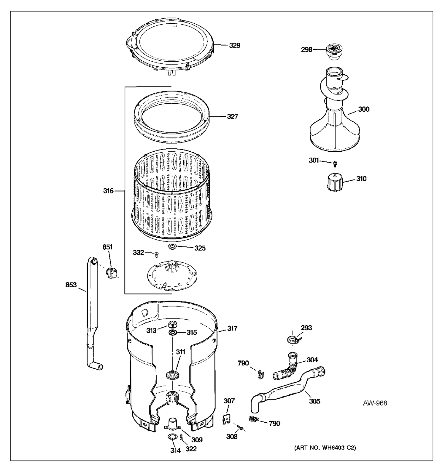 TUB, BASKET & AGITATOR Diagram and Parts List for HTAP1100F1WW  General Electric Washer
