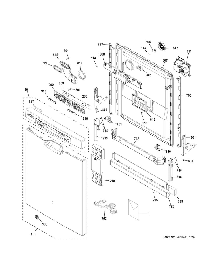 Escutcheon & Door Assembly Diagram and Parts List for GDF540HMF4ES  General Electric Dishwasher