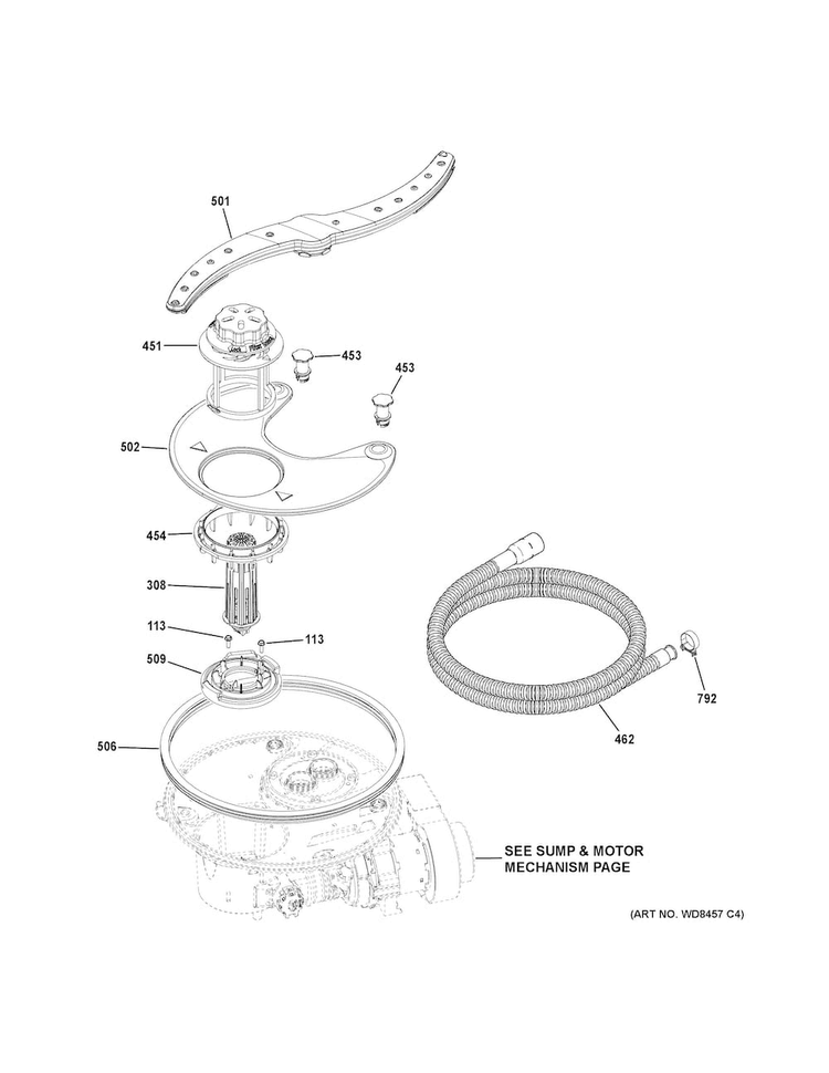 Sump & Filter Assembly Diagram and Parts List for DDT575SMF8ES  General Electric Dishwasher
