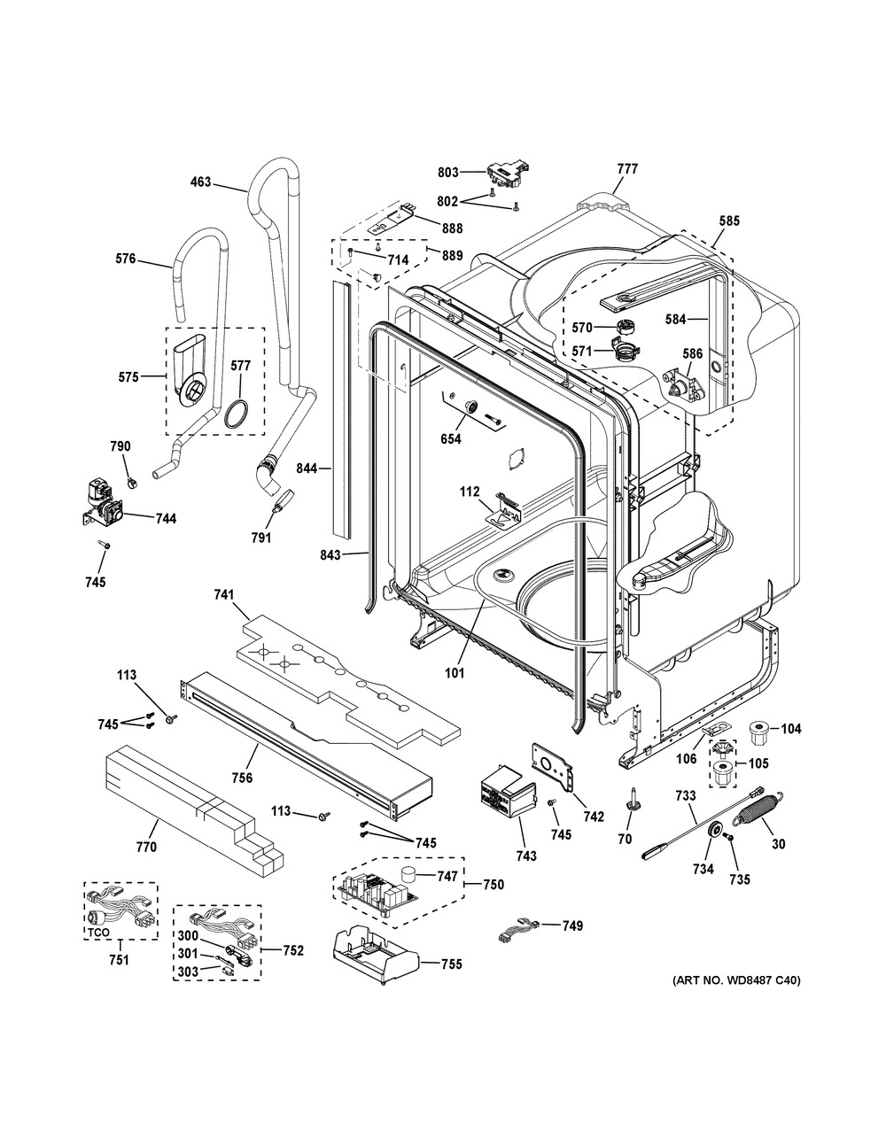 Body Parts Diagram and Parts List for GDT605PGM0BB  General Electric Dishwasher