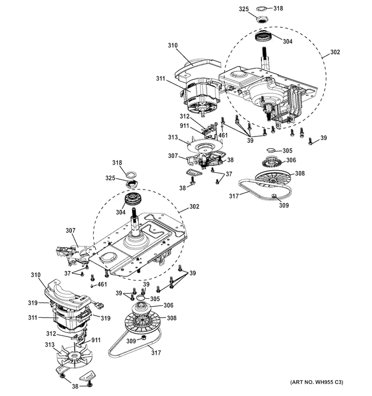 Motor & Drive Assembly Diagram and Parts List for GTUP240GM6WW  General Electric Washer Dryer Combo