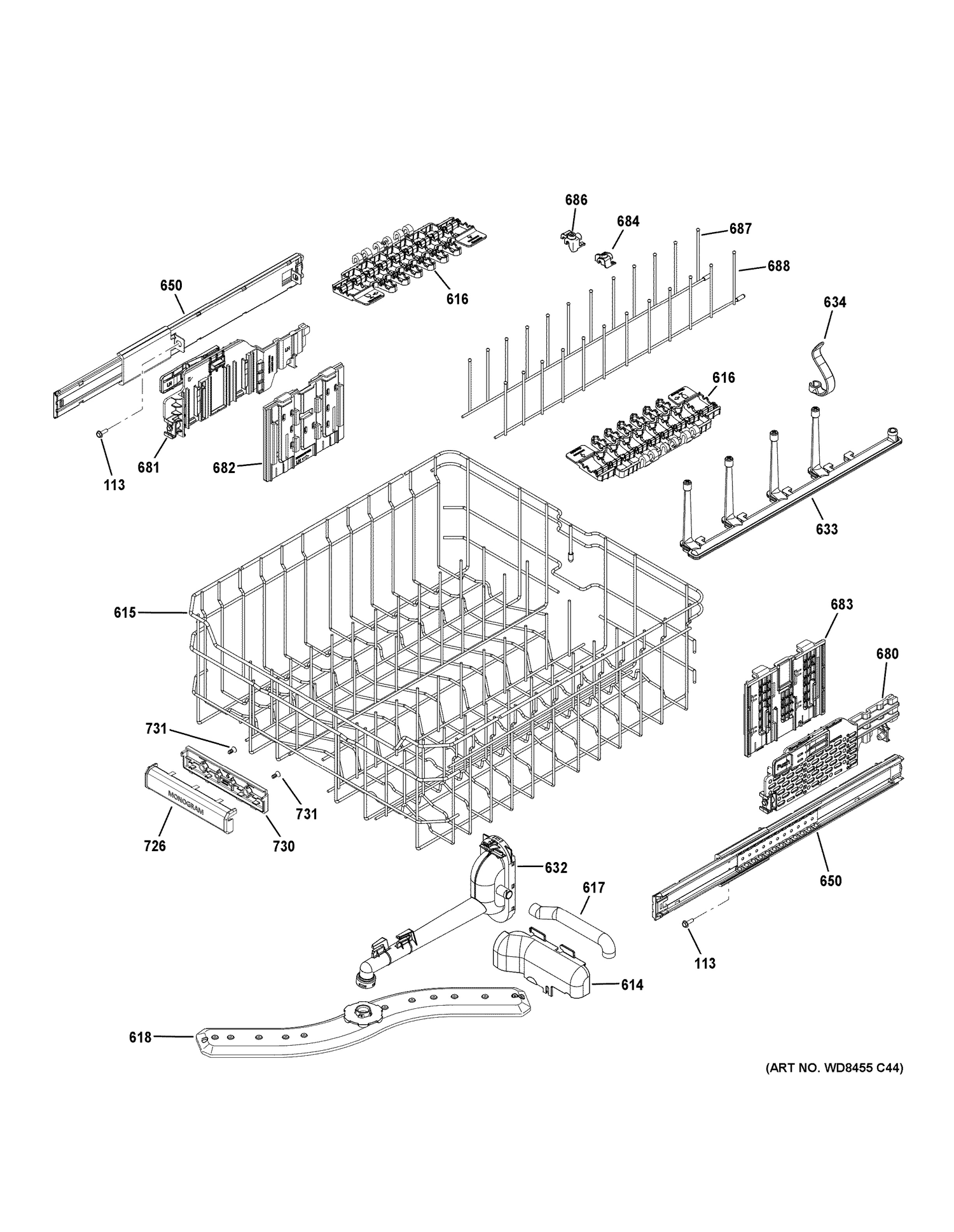 UPPER RACK ASSEMBLY Diagram and Parts List for ZDT800SIF7II  General Electric Dishwasher