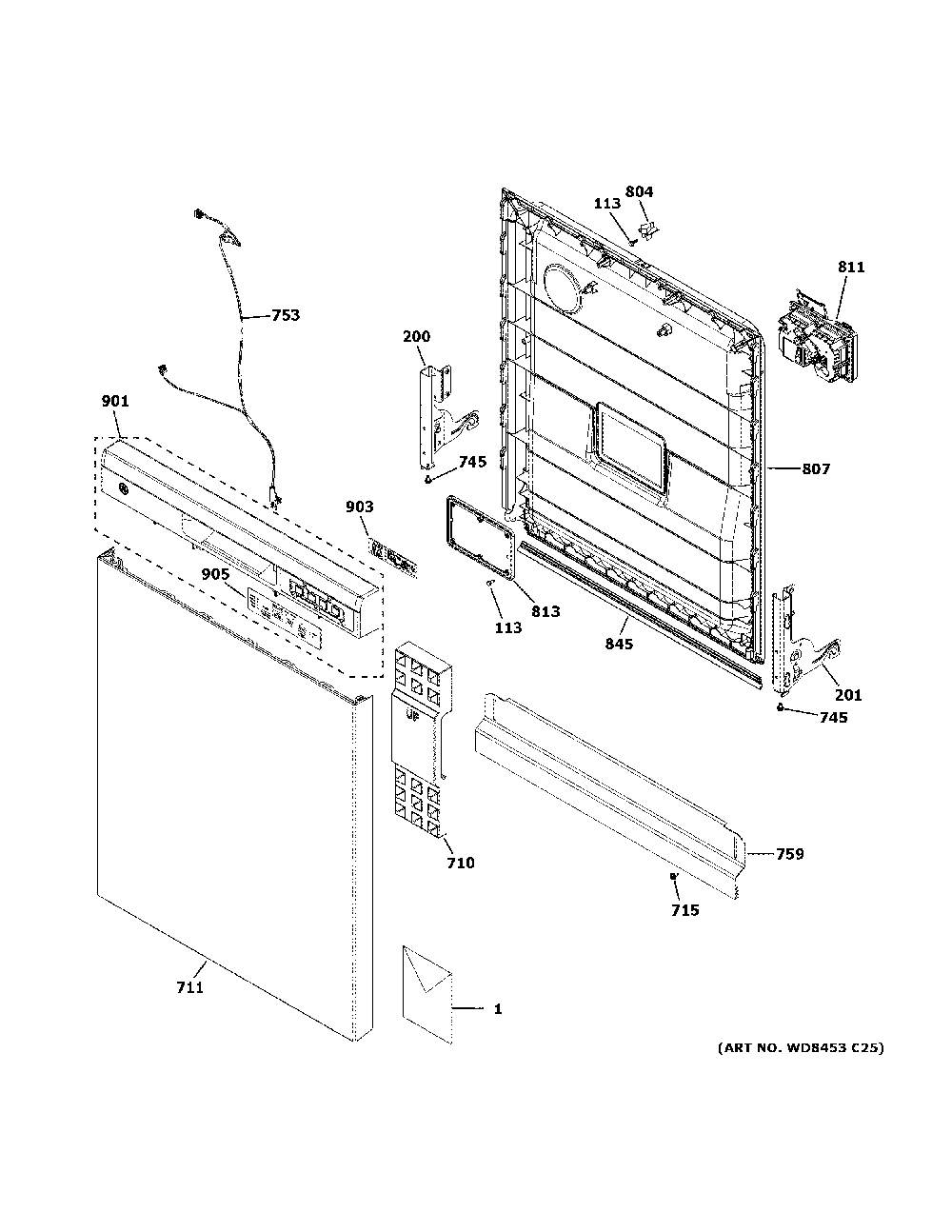 Escutcheon And Door Assembly Diagram and Parts List for GDF510PGR3BB  General Electric Dishwasher