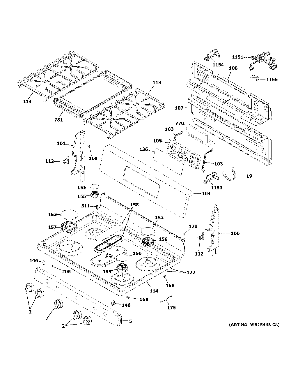 Control panel & cooktop Diagram and Parts List for JGB660DP1WW  General Electric Range