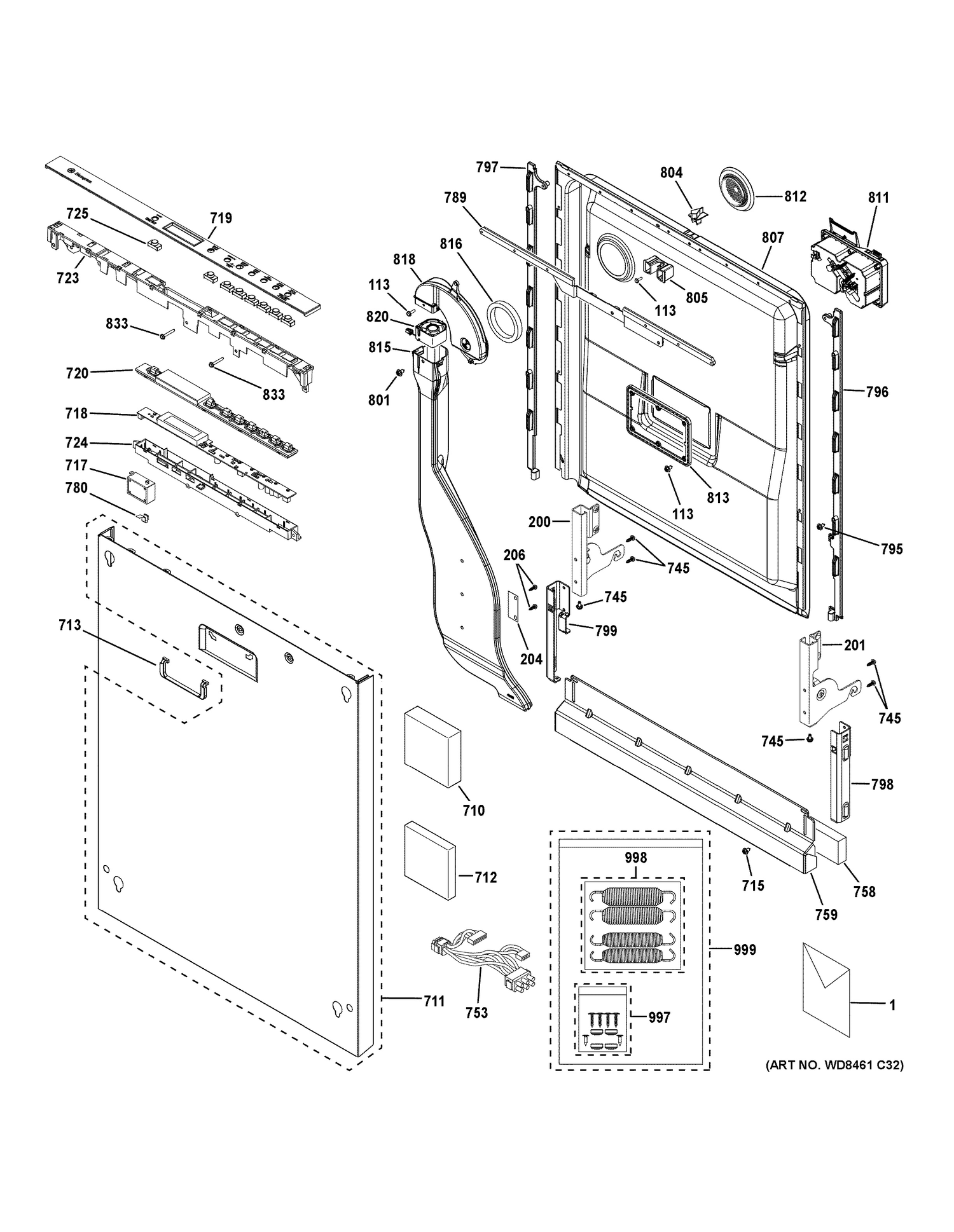 ESCUTCHEON & DOOR ASSEMBLY Diagram and Parts List for ZDT800SIF7II  General Electric Dishwasher