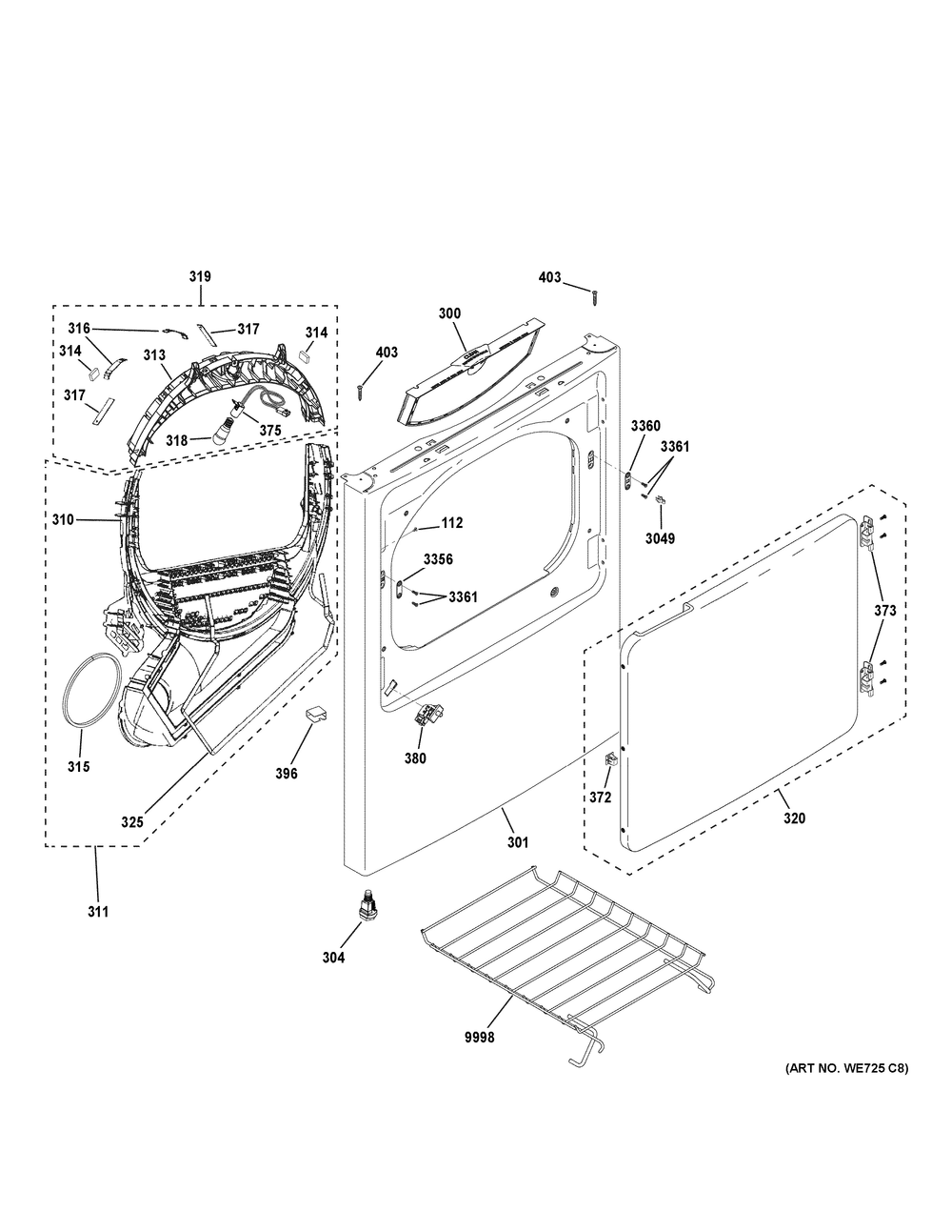 Front Panel And Door Diagram and Parts List for ETD48GASW0WB  General Electric Dryer