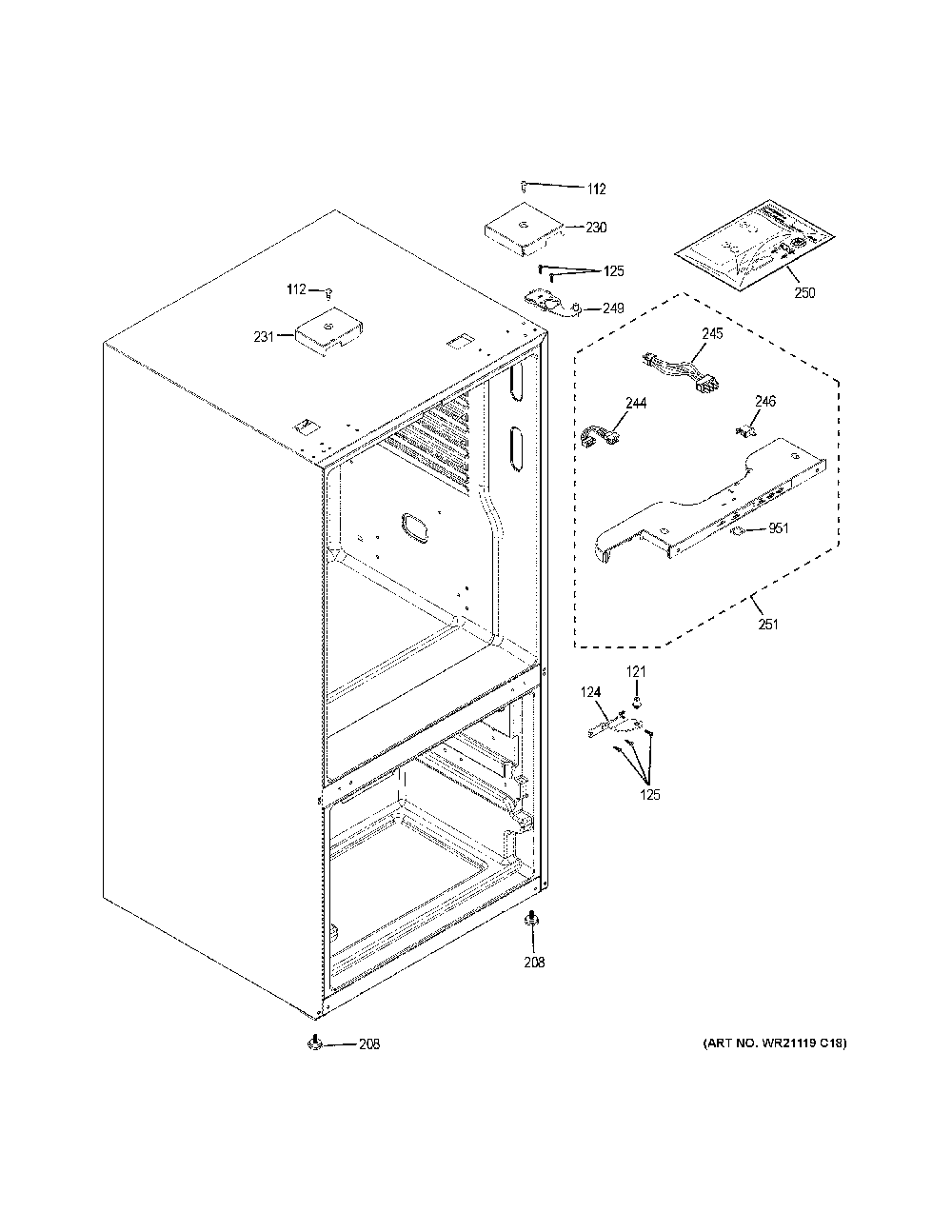 Case parts Diagram and Parts List for GDE25ESKLRSS  General Electric Refrigerator