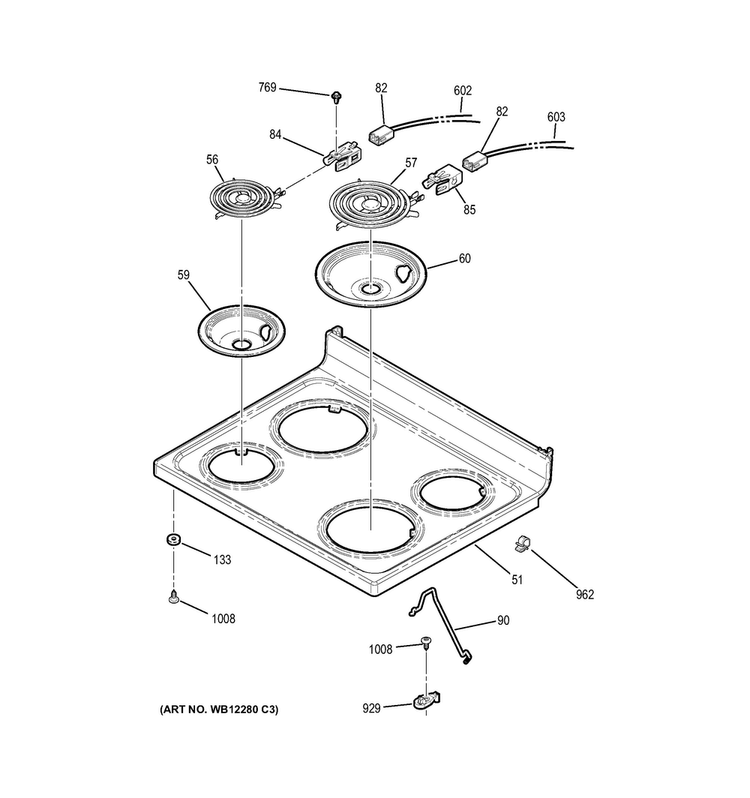 Cooktop Diagram and Parts List for JB350DF3CC  General Electric Range