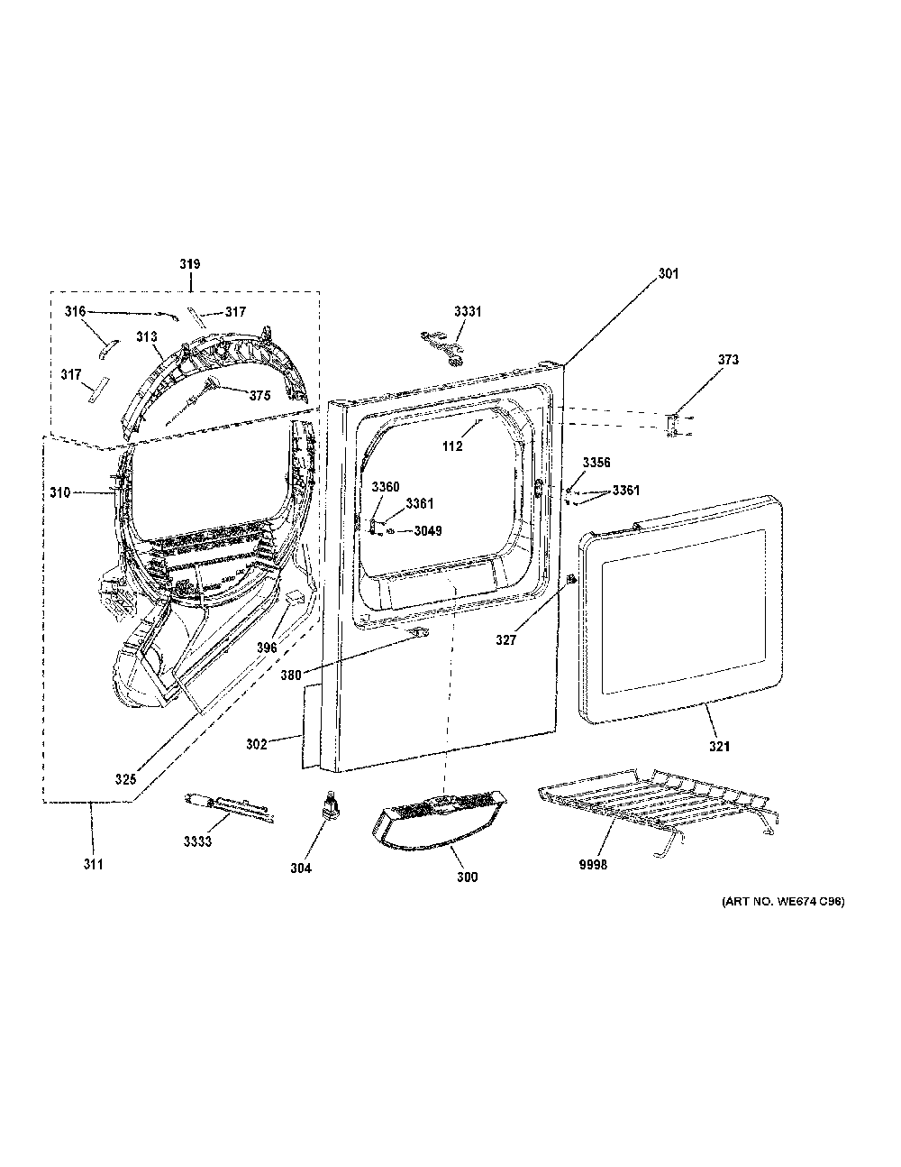 Front Panel And Door Diagram and Parts List for GTD65GBSJ4WS  General Electric Dryer