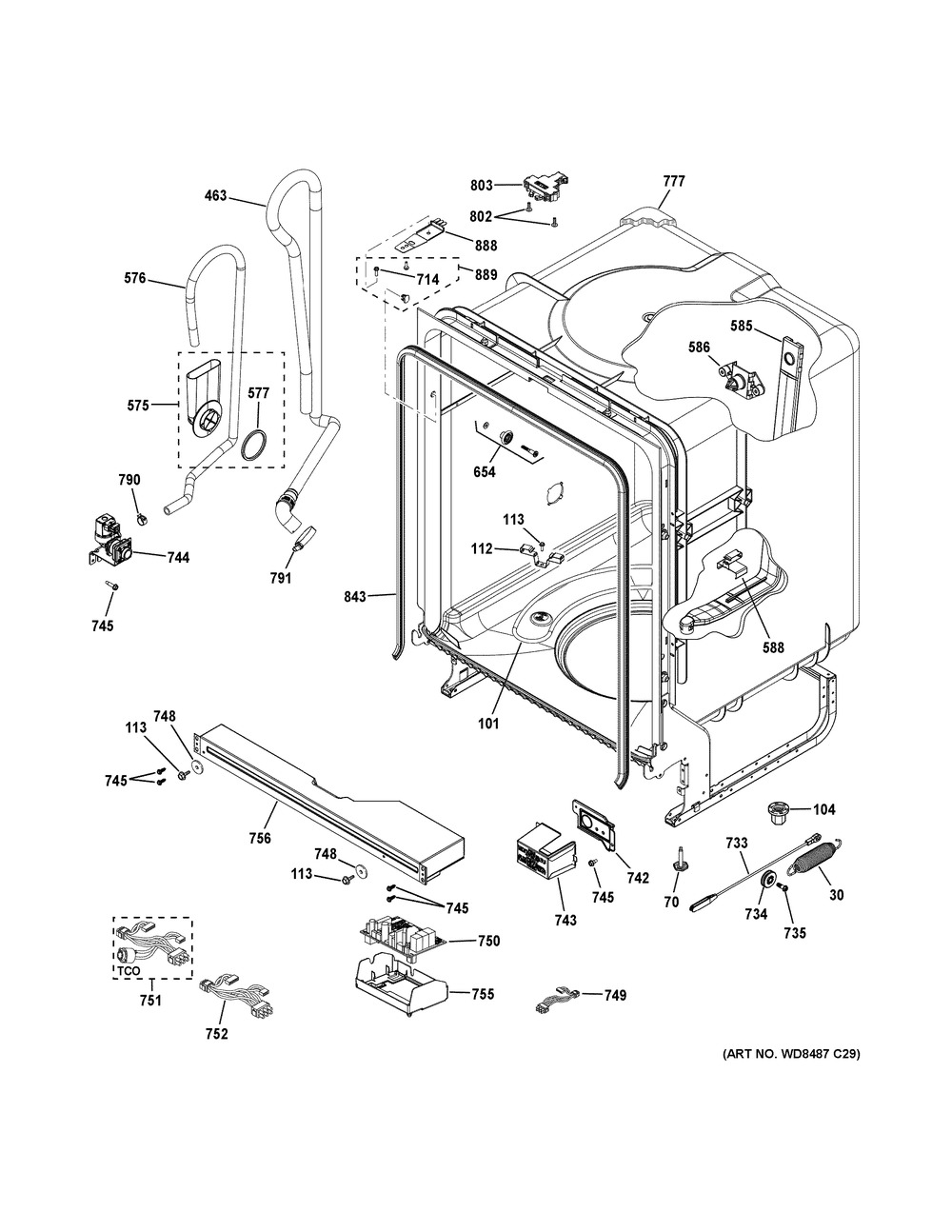 Body Parts Diagram and Parts List for GDF510PGJ6WW  General Electric Dishwasher