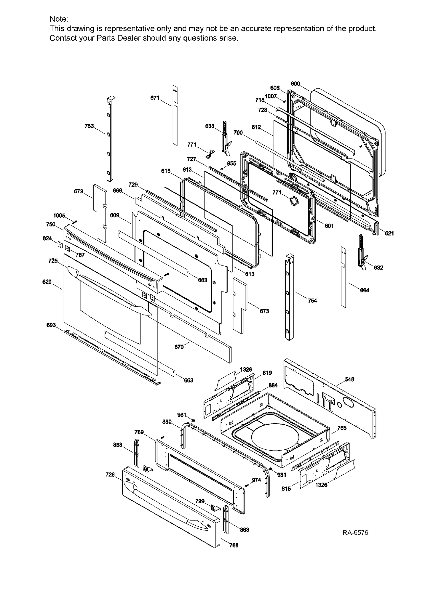 DOOR & DRAWER Diagram and Parts List for P2S968DER3BB  General Electric Range