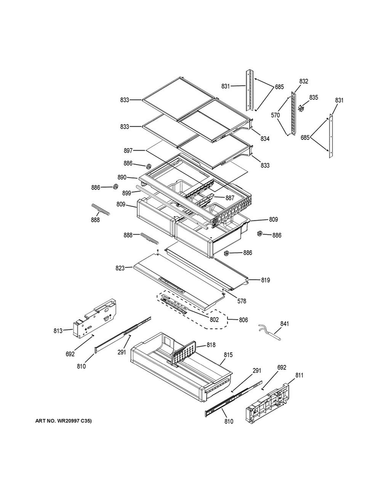 Fresh Food Shelves Diagram and Parts List for ZWE23ESHJSS  General Electric Refrigerator