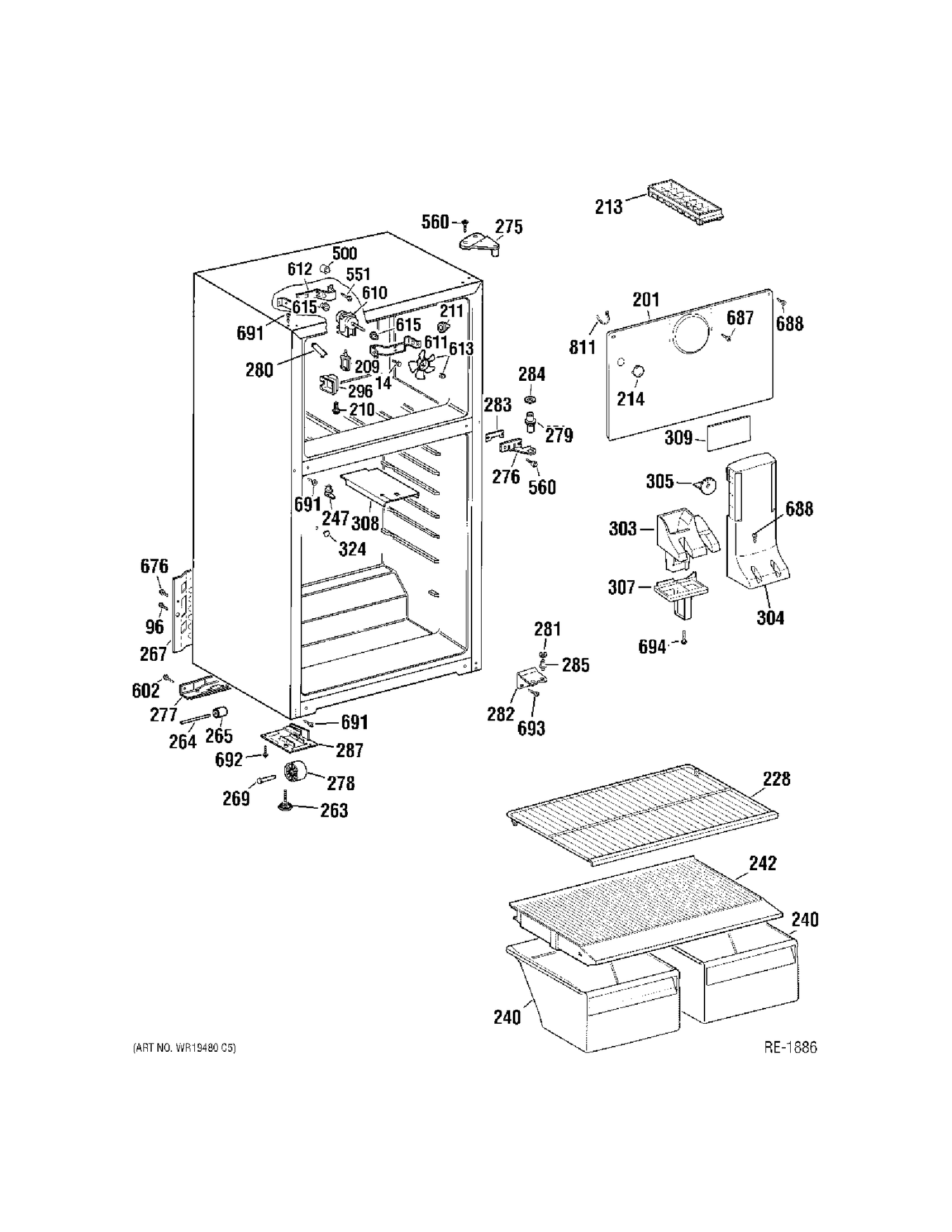 CABINET Diagram and Parts List for MTS16BBRFLWW  General Electric Refrigerator