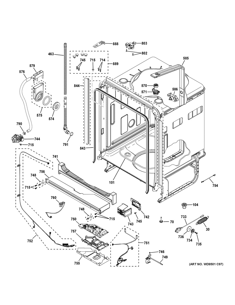 Body Parts (1) Diagram and Parts List for GDF650SMV0ES  General Electric Dishwasher