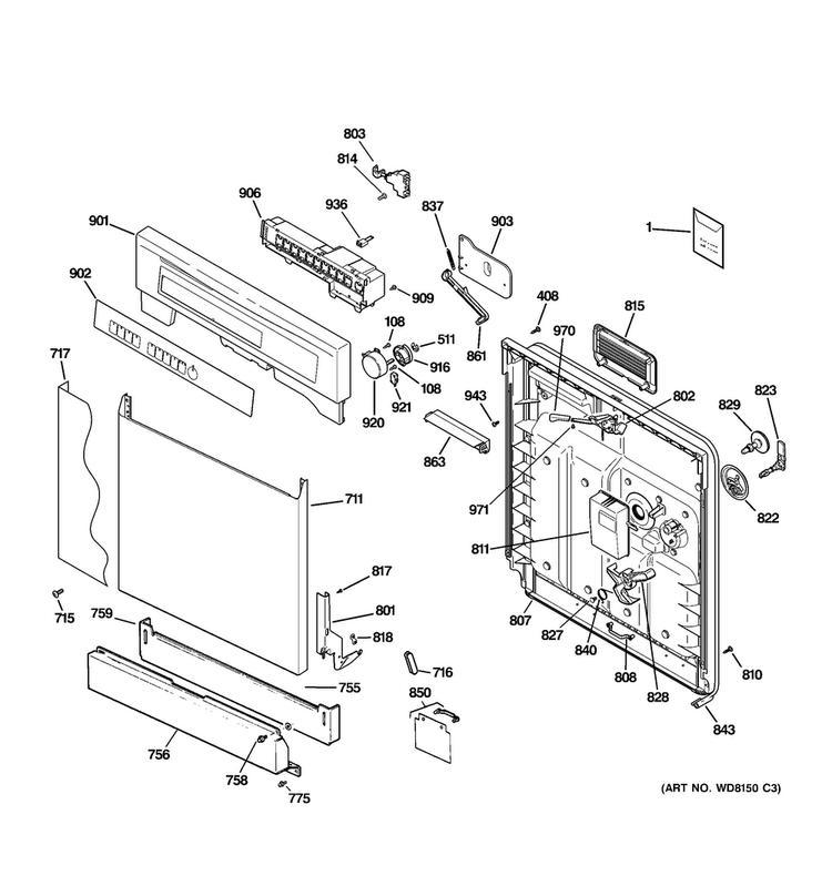 Escutcheon & Door Assembly Diagram and Parts List for GSD3960L20SS  General Electric Dishwasher