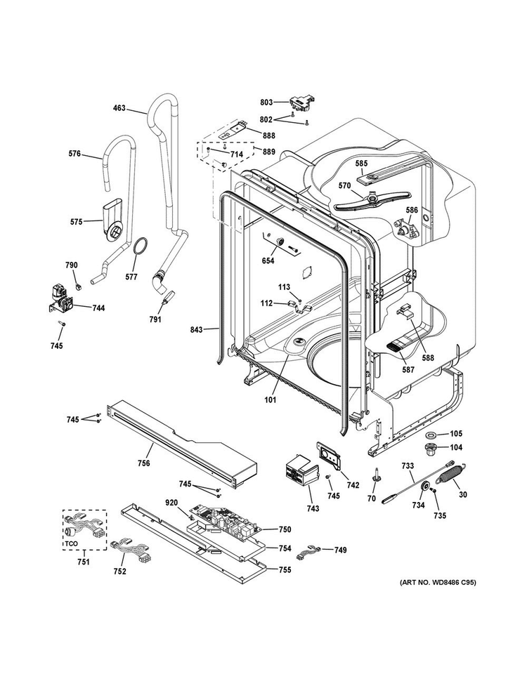 Body Parts Diagram and Parts List for GDF510PSD6SS  General Electric Dishwasher