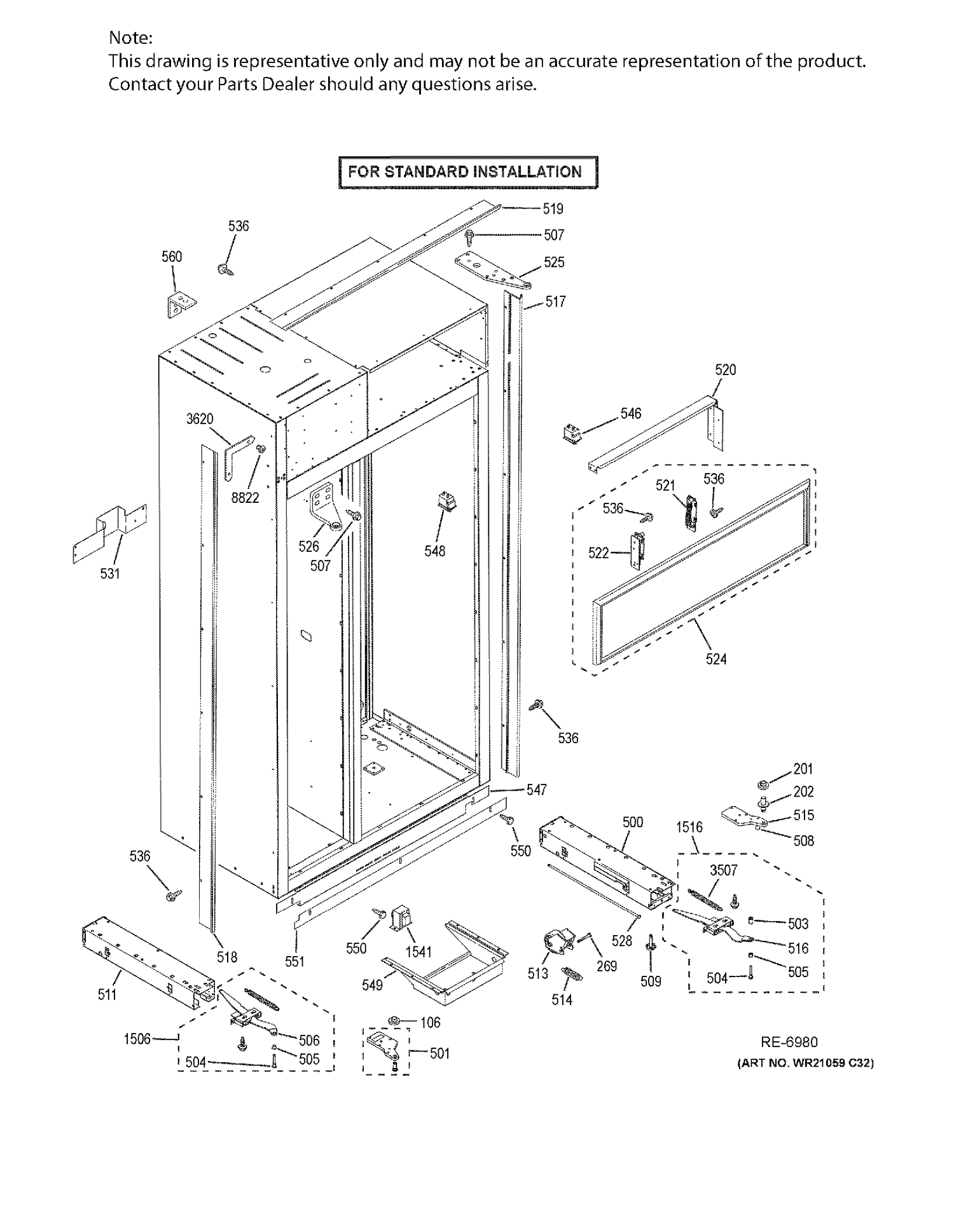 CASE PARTS - STANDARD Diagram and Parts List for ZISB360DKB  General Electric Refrigerator