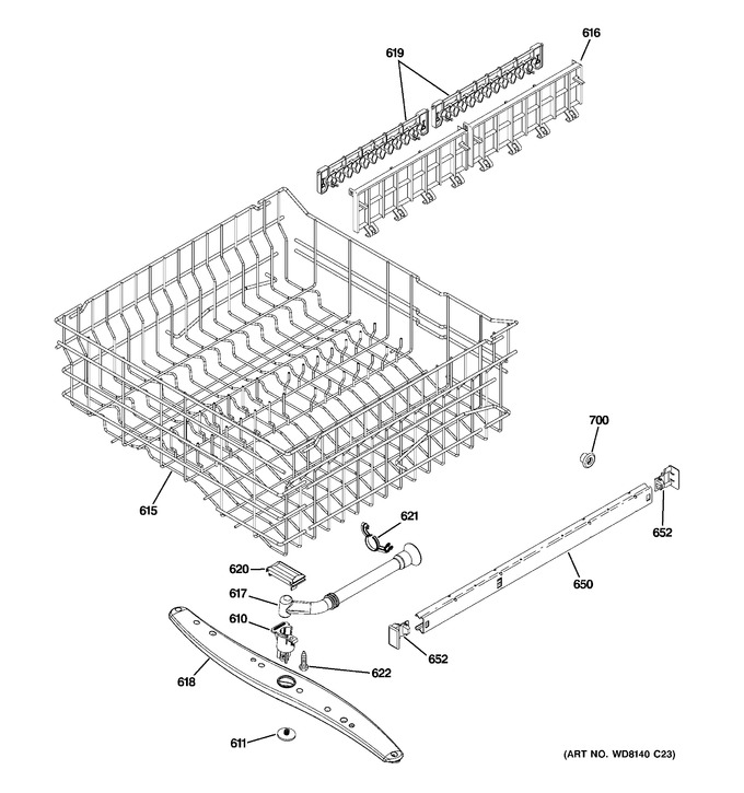 Upper Rack Assembly Diagram and Parts List for GLD5706V00WW  General Electric Dishwasher