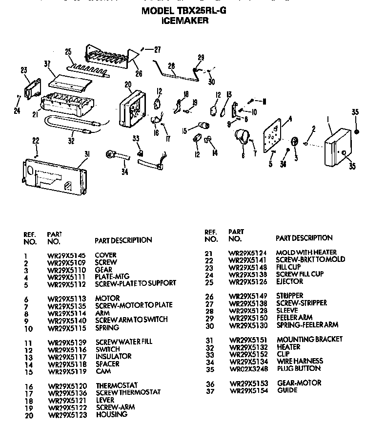 Icemaker Diagram and Parts List for TBX25RLGR  General Electric Refrigerator