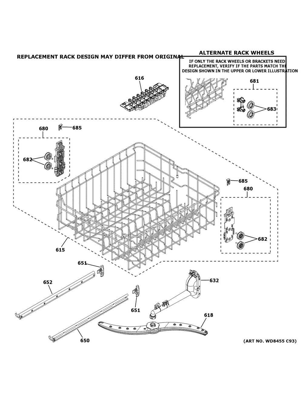 Upper Rack Assembly Diagram and Parts List for GDT535PYV3FS  General Electric Dishwasher