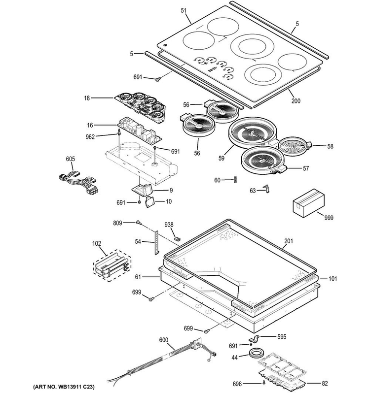 Control Panel & Cooktop Diagram and Parts List for PP9030SJ2SS  General Electric Cooktop