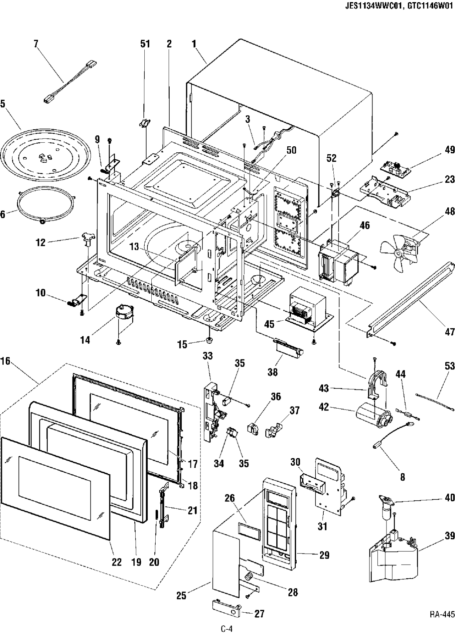 BODY PARTS Diagram and Parts List for GTC1146W01  General Electric Microwave