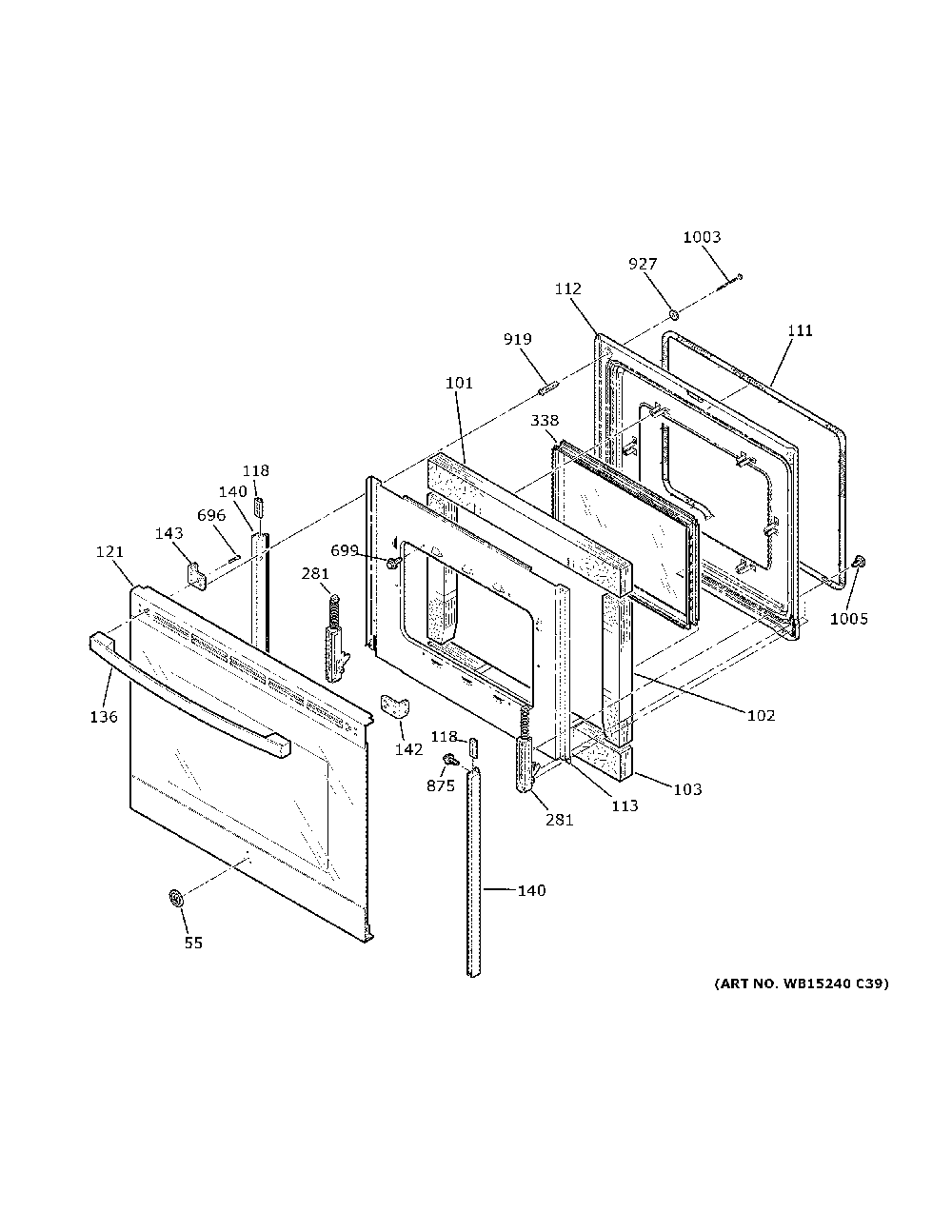 Door Diagram and Parts List for JB735EP1ES  General Electric Range