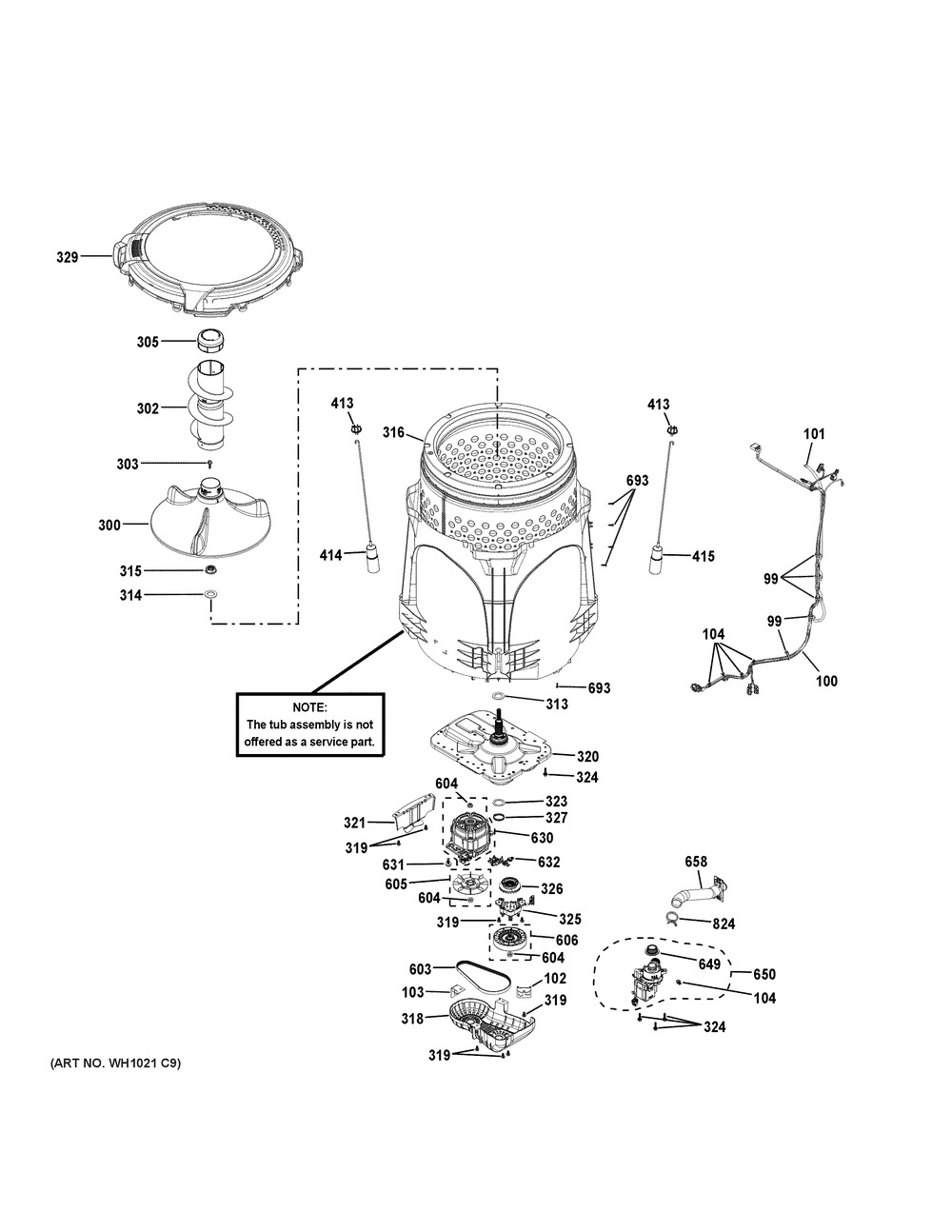 Tub & Motor Diagram and Parts List for GTW755CSM0WS  General Electric Washer