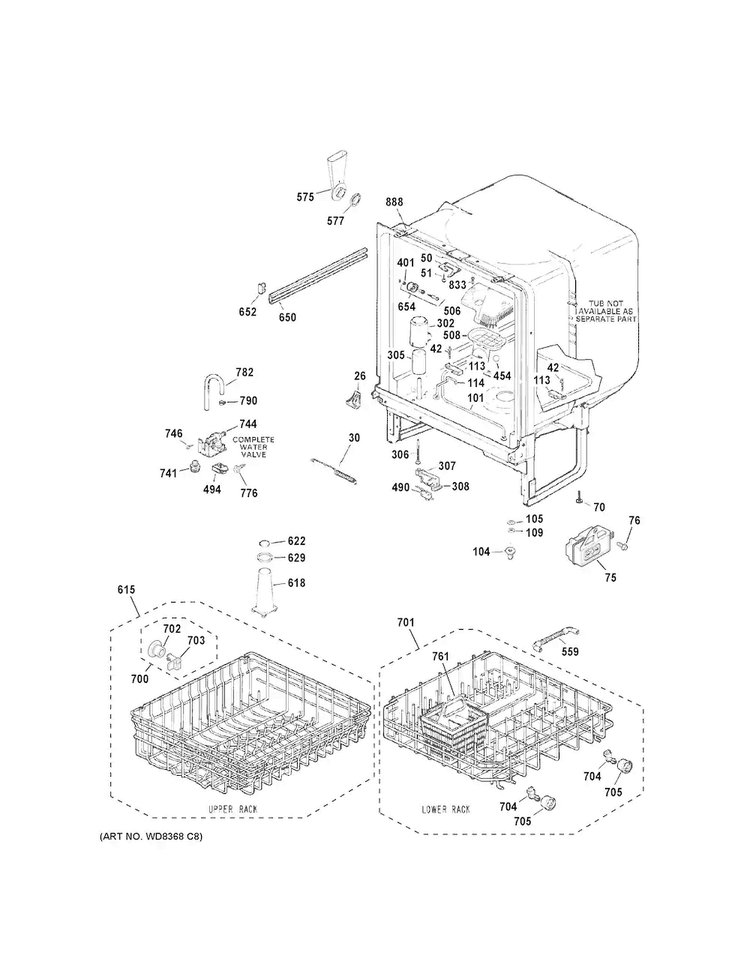 Body Parts Diagram and Parts List for GSC3500D51BB  General Electric Dishwasher