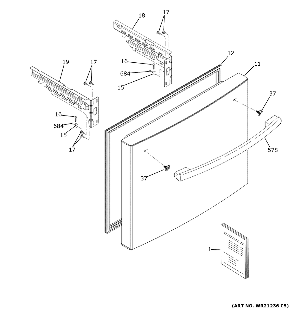 Freezer Door Diagram and Parts List for XNE25JGKTFBB  General Electric Refrigerator