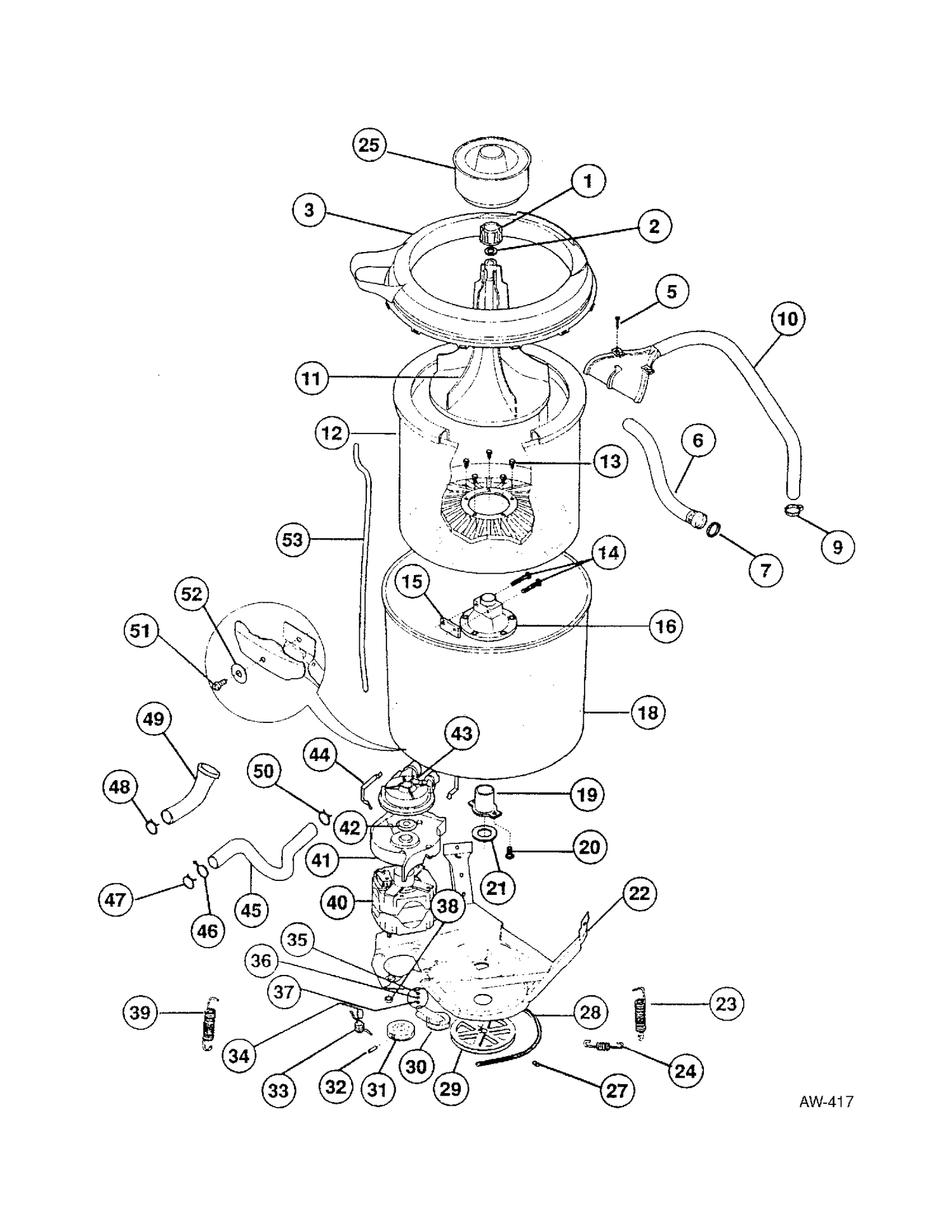 TUB & AGITATOR ASSEMBLY Diagram and Parts List for 52270-W2  General Electric Washer
