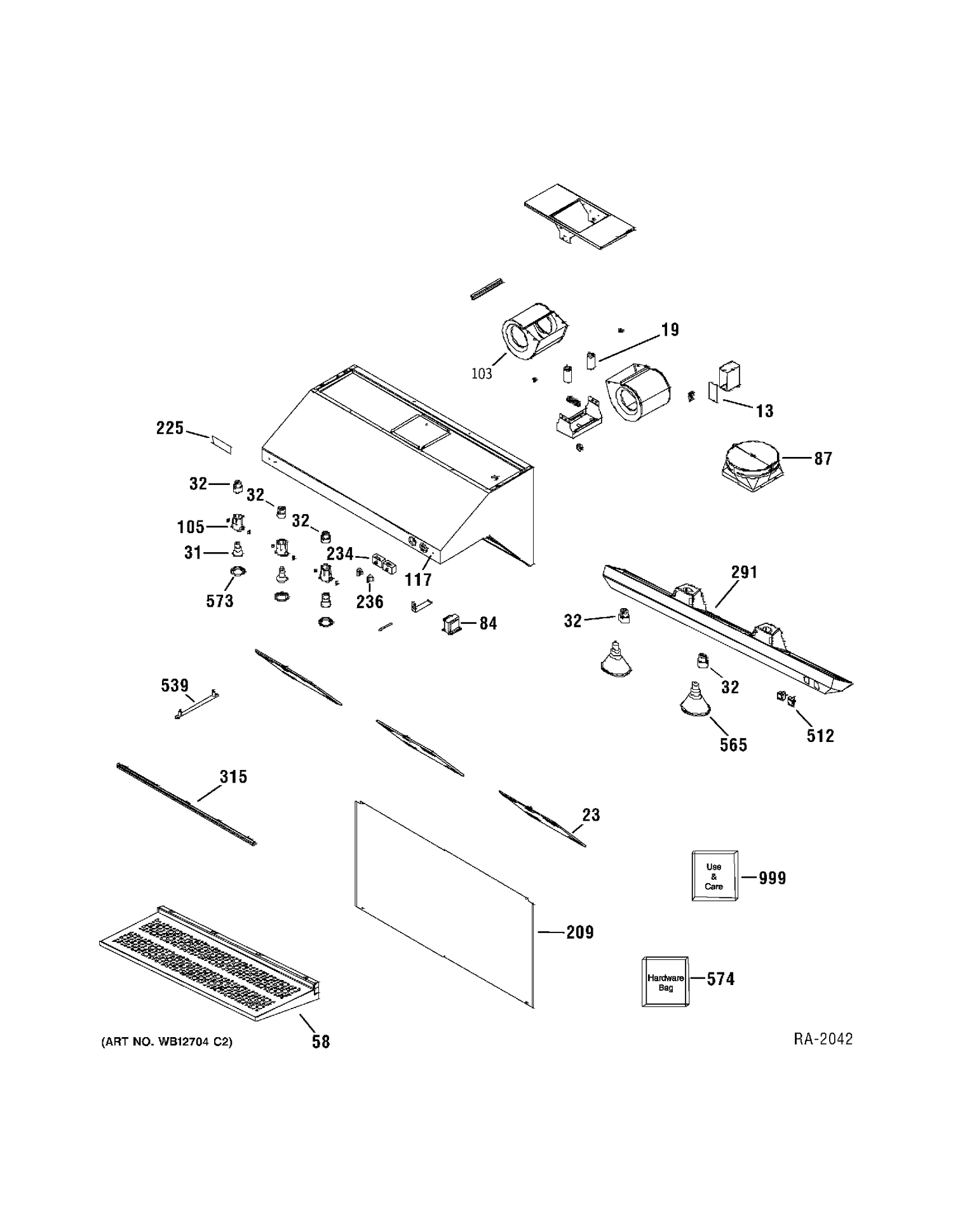 RANGE HOOD Diagram and Parts List for ZV48RSF2SS  General Electric Range Hood