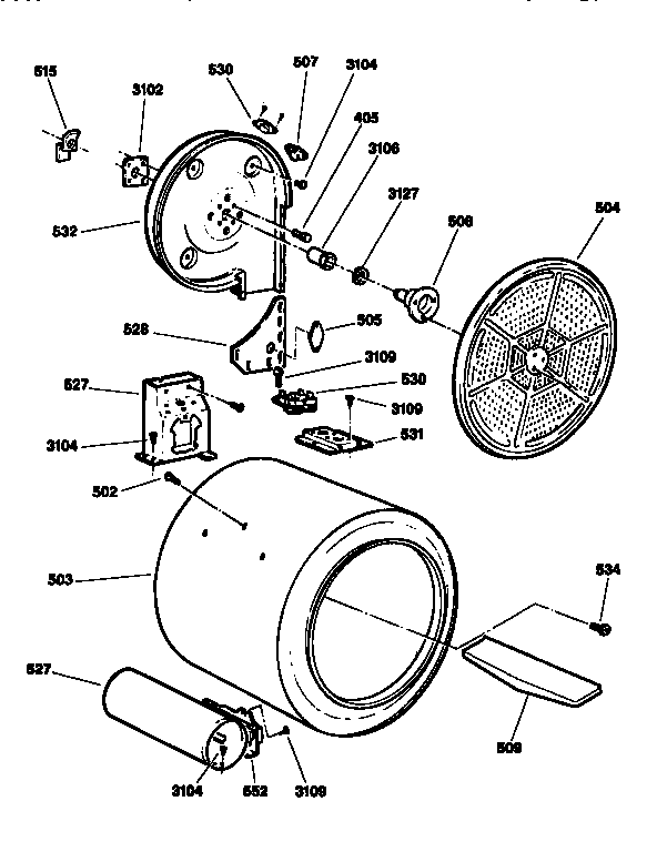 Drum Diagram and Parts List for DWXQ473T0WW  General Electric Dryer