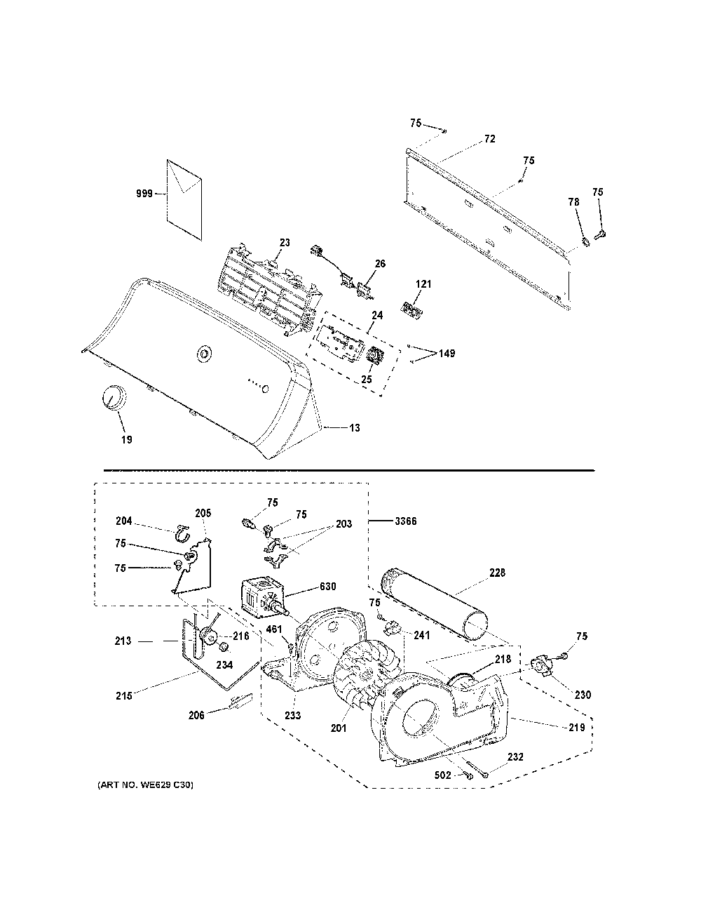 Backsplash, Blower And Motor Assembly Diagram and Parts List for VTD52GASR0WB  General Electric Dryer