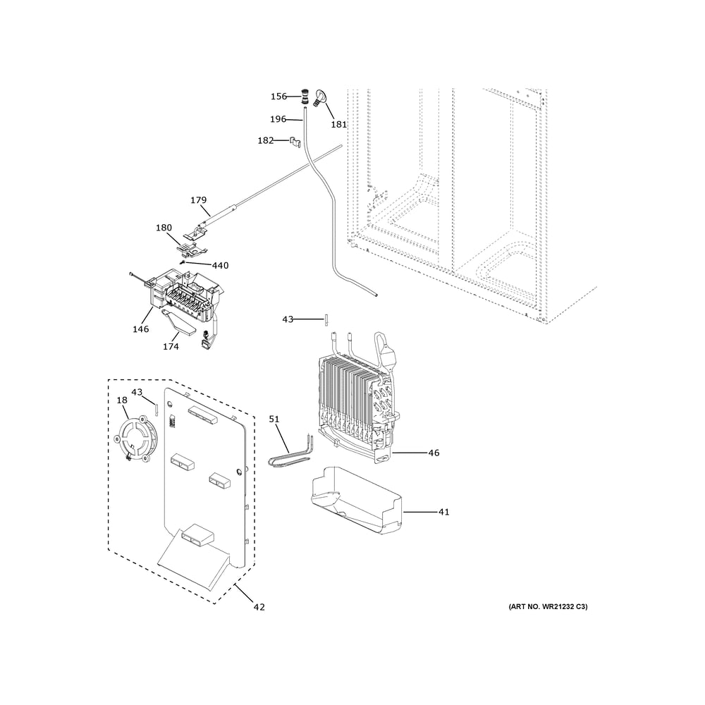 Freezer Section Diagram and Parts List for PHD23BYWBFS  General Electric Refrigerator