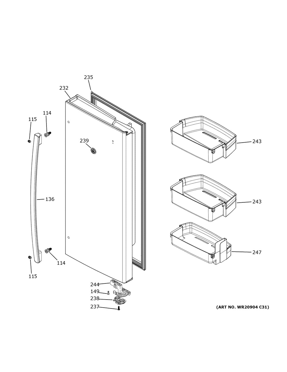 Fresh Food Door - Rh Diagram and Parts List for GWE23GENCDS  General Electric Refrigerator