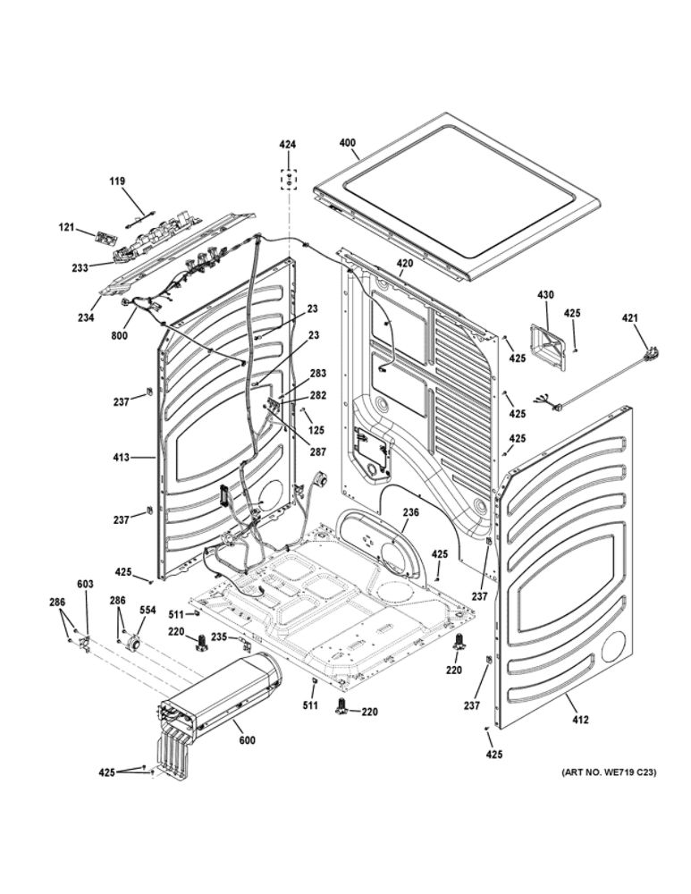 Cabinet And Top Panel Diagram and Parts List for GFD55ESMN0DG  General Electric Dryer