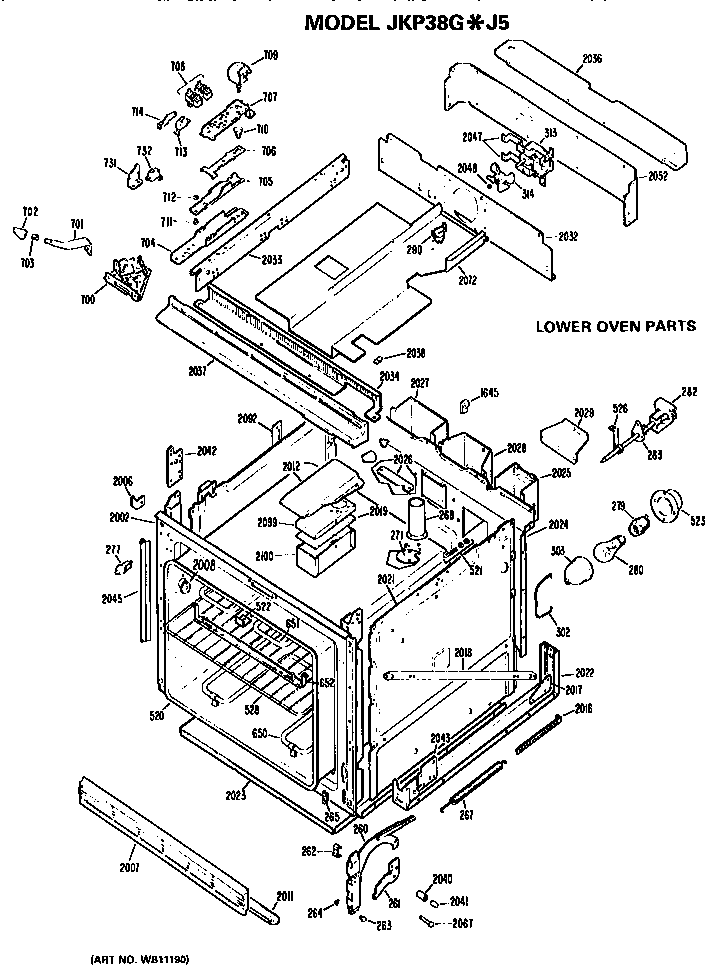 Lower Oven Diagram and Parts List for JKP38GJ5  General Electric Wall Oven