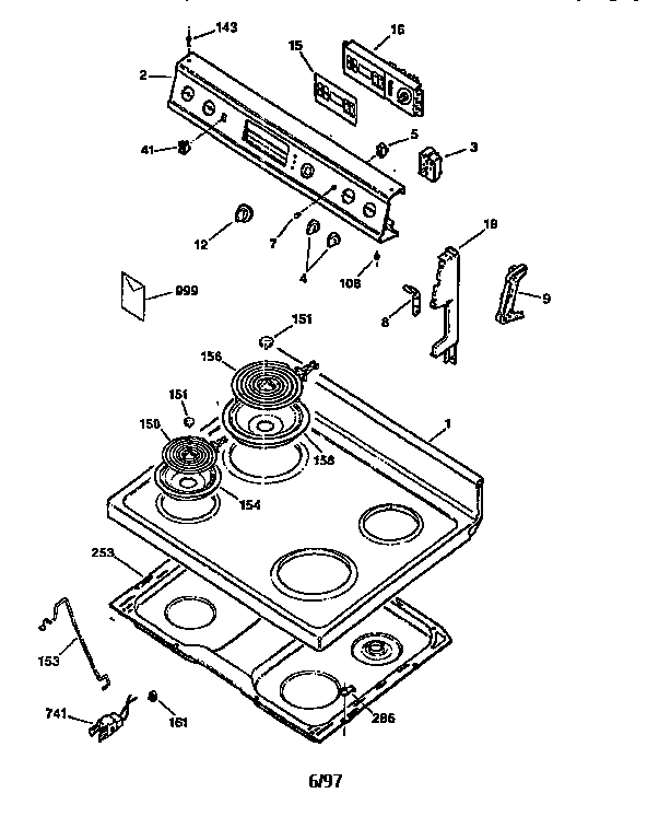 Cooktop And Control Panel Diagram and Parts List for JBP30GY1AW  General Electric Range