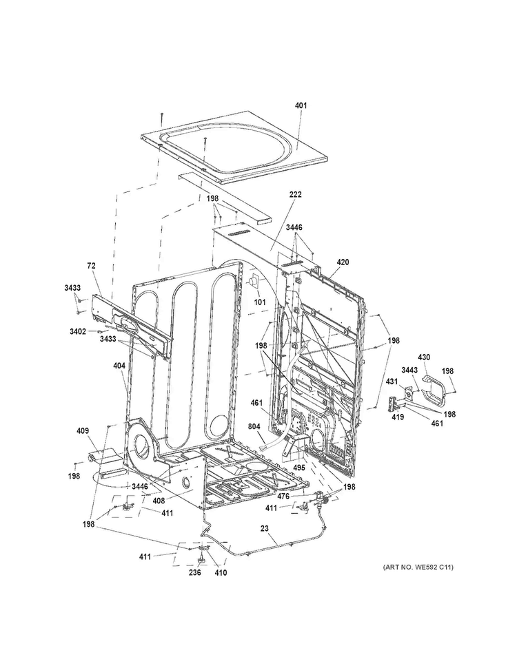 Cabinet & Top Panel Diagram and Parts List for GFDS170EH1WW  General Electric Dryer