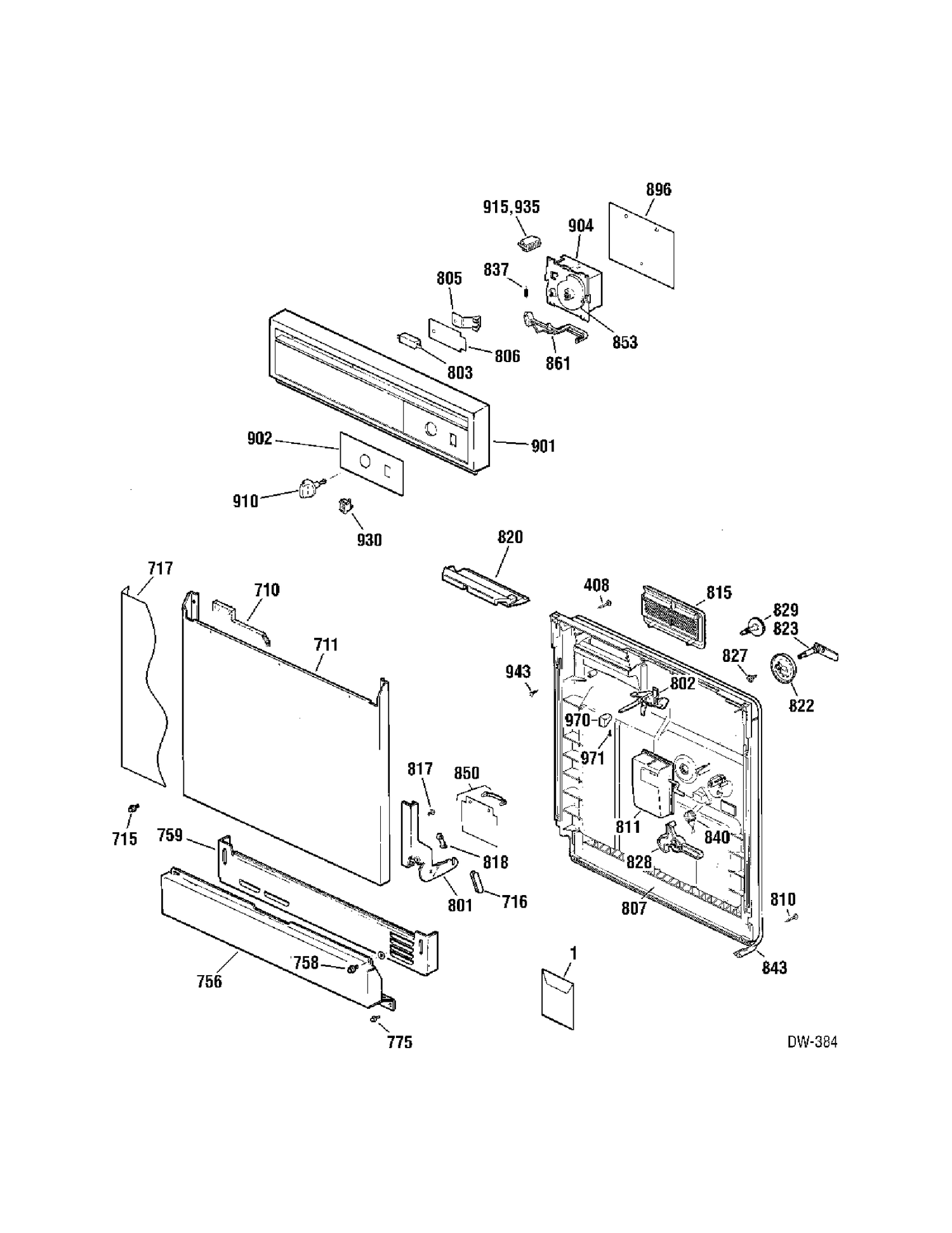 DOOR & CONTROLS Diagram and Parts List for GLV1509P00WW  General Electric Dishwasher