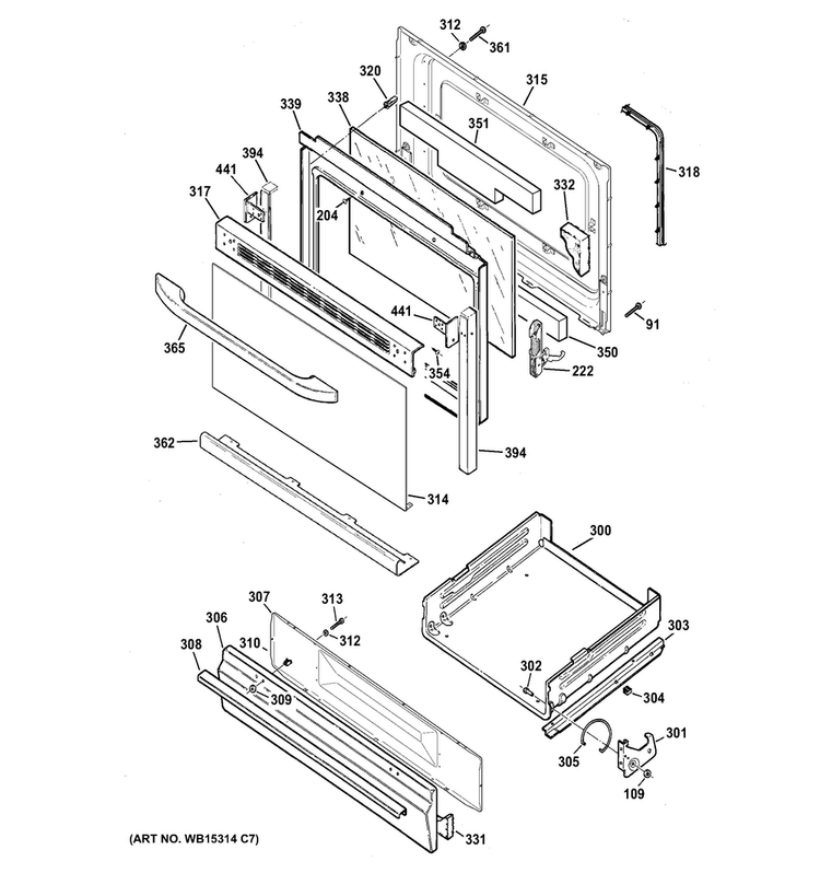 Door & Drawer Parts Diagram and Parts List for JGBS60DLF1WW  General Electric Range