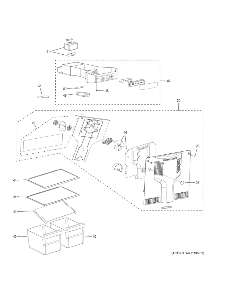 Fresh Food Section Diagram and Parts List for GPE12FGKBWW  General Electric Refrigerator
