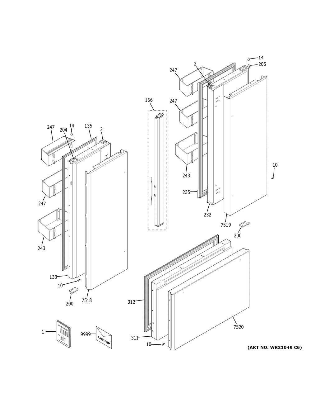 Doors Diagram and Parts List for ZIPS360NNBSS  General Electric Refrigerator