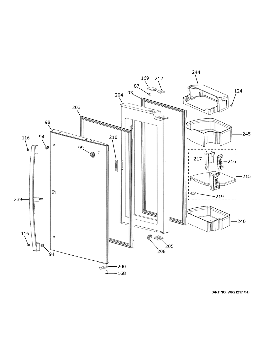 Refrigerator Door - Rh Diagram and Parts List for PGD29BYTCFS  General Electric Refrigerator