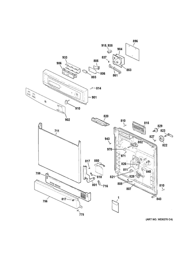 Escutcheon & Door Assembly Diagram and Parts List for GSM2200V50BB  General Electric Dishwasher