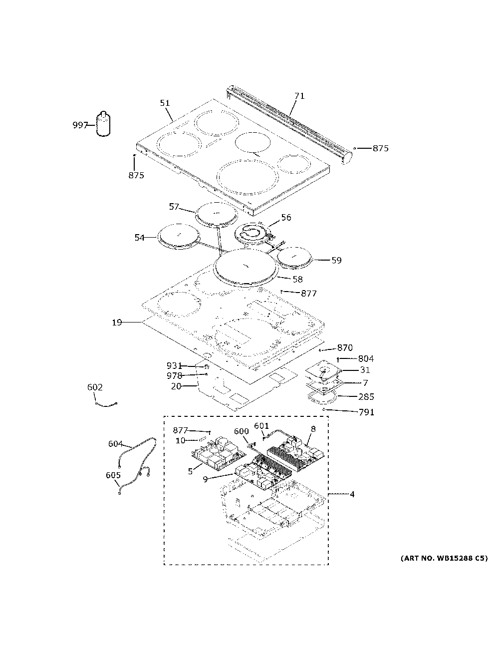 Cooktop Diagram and Parts List for PHS930YP2FS  General Electric Range