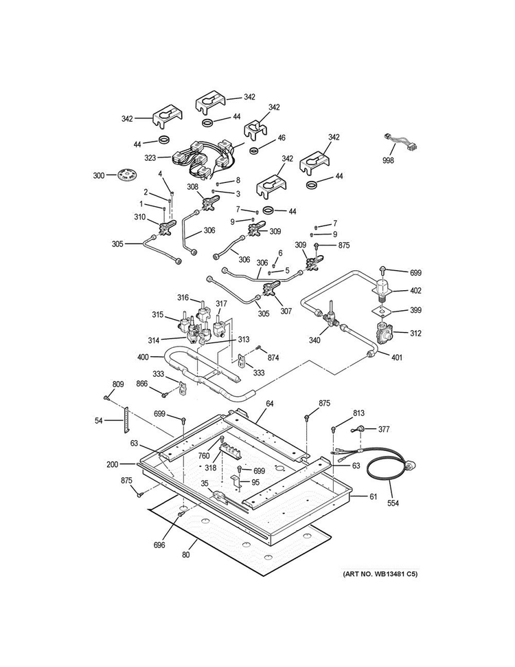 Gas & Burner Parts Diagram and Parts List for JGP970TEK5WW  General Electric Cooktop