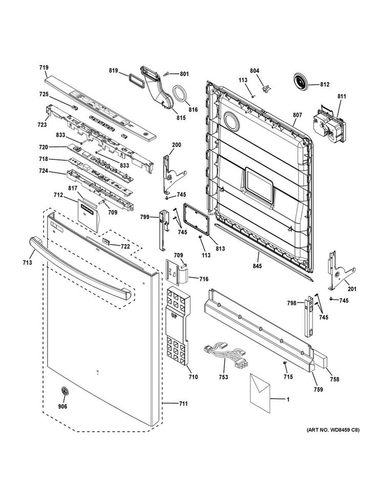 Escutcheon & Door Assembly Diagram and Parts List for GDT530PSD6SS  General Electric Dishwasher